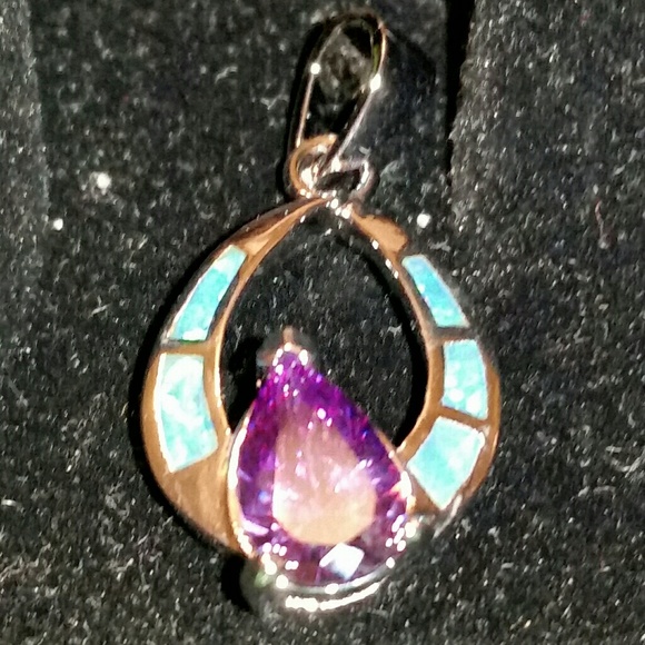 .925 Silver 2CT Amethyst & Blue Fire Opal Pendant - Picture 2 of 5